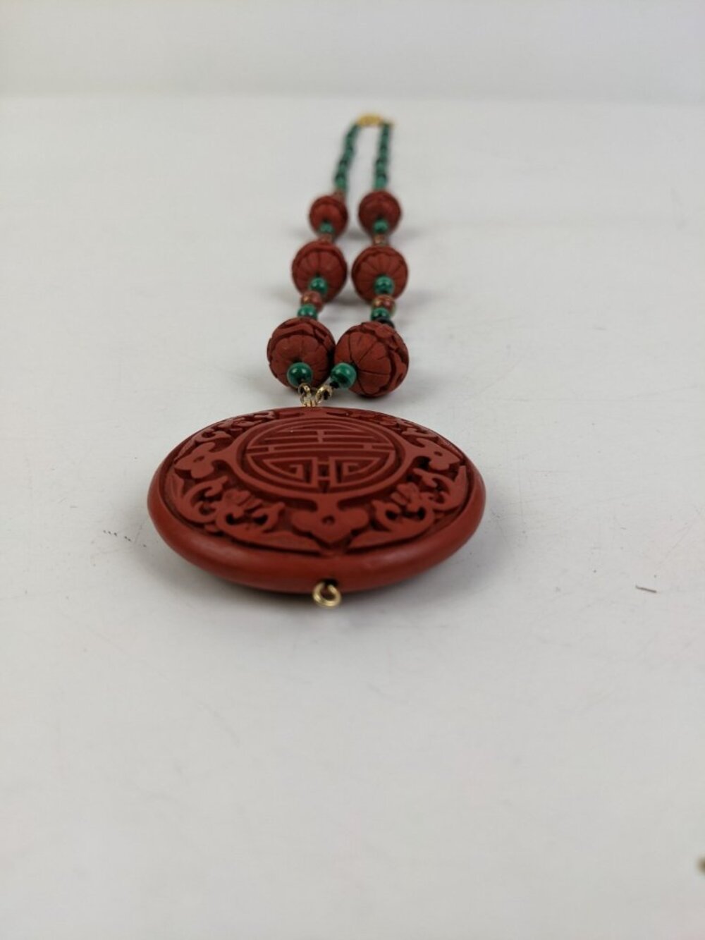 Vintage Chinese Cinnabar Malachite & Onyx Beaded Necklace - Picture 10 of 13